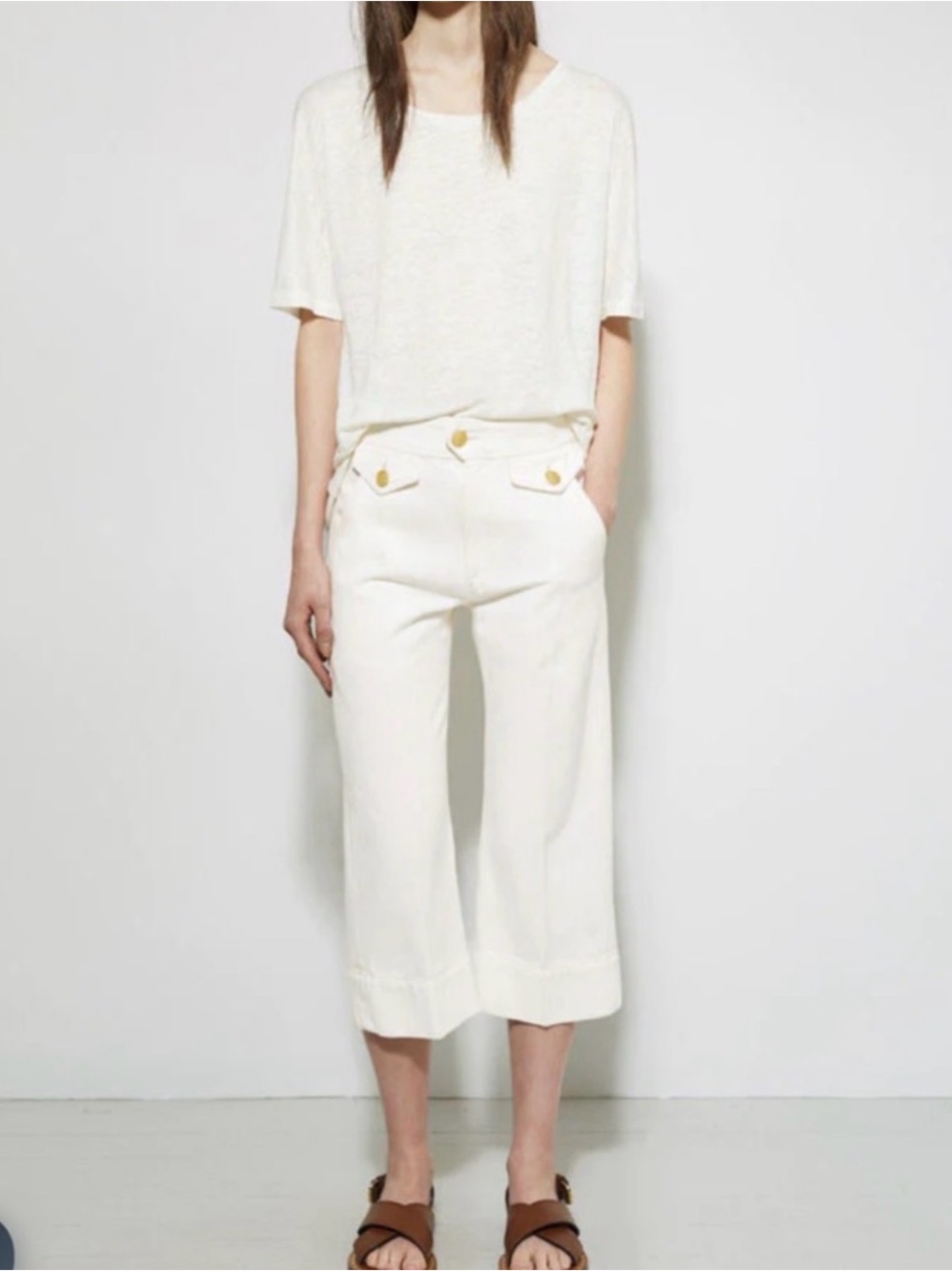Isabel Marant Cream Wide-Leg Cropped Capris with Gold Buttons